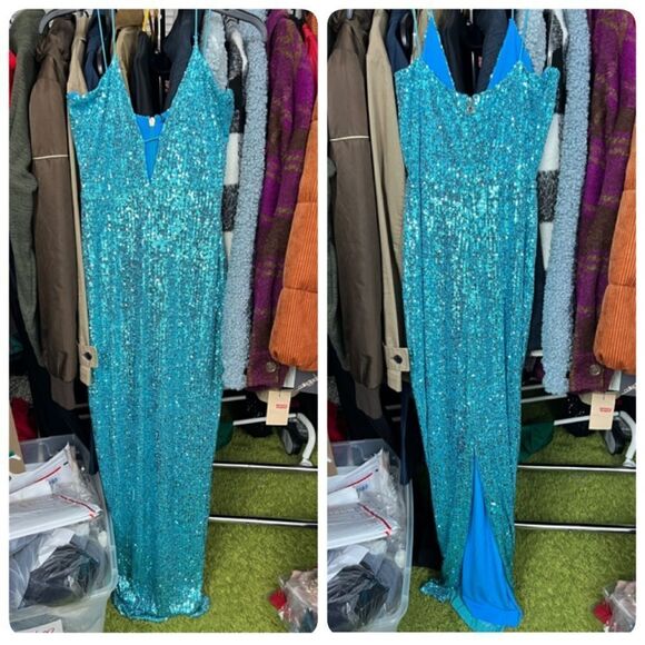 Nookie Supreme Maxi Sequins Cutout Dress Large in Aqua Blue $370 - Picture 3 of 10